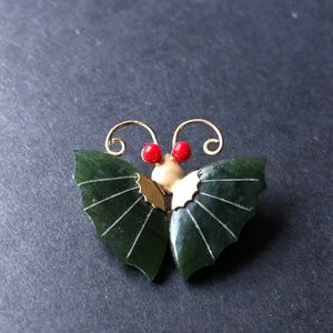 Vintage Jade Coral Butterfly Pendant/ Retro Brooch